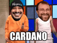 a man wearing a beanie that says blazord is smiling next to another man wearing a white tank top that says cardano
