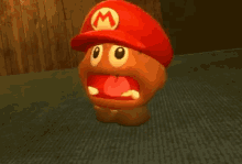 a cartoon character with a red hat and a white m on it