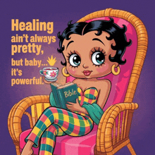 betty boop sits in a wicker chair reading a bible