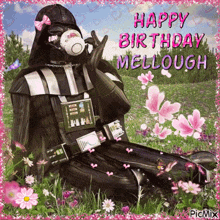 darth vader is sitting in a field of pink flowers and drinking from a teacup
