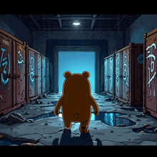 a cartoon drawing of a teddy bear walking through a hallway with lockers that say fire