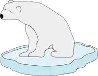 a polar bear sits on a piece of ice with its eyes closed