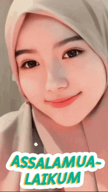 a picture of a woman wearing a hijab with the words assalamua latkum on the bottom