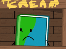 a book with a sad face is standing in front of a sign that says ice cream