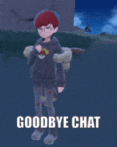 a video game character carrying an eevee with the words goodbye chat on the bottom