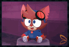 a cartoon drawing of a cat wearing goggles and a blue shirt