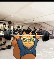 a cartoon of a cat lifting a barbell in a gym