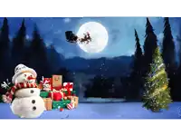 a snowman stands in front of a christmas tree and presents