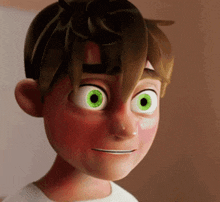 a cartoon character with green eyes is smiling