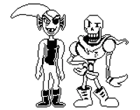 a black and white pixel art drawing of a skeleton and a elf standing next to each other on a white background .