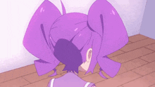 a cartoon girl with purple hair and a bow on her head is standing on her head on a wooden floor .