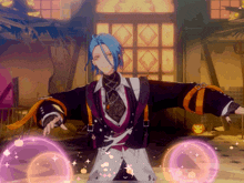 a man with blue hair is standing in front of a building