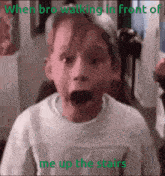 a boy with a surprised look on his face and the words " when bro walking in front of me up the stairs " below him