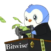 a cartoon penguin is holding a machine that says bitwise