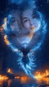 a woman 's face is reflected in a phoenix 's wings surrounded by fire .