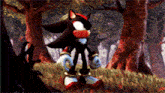 shadow the hedgehog is standing in a forest with trees in the background