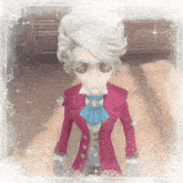 a man in a red jacket and blue bow tie is standing in a room in a video game .