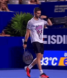 a man holding a tennis racquet in front of a sign that says 33 degrees
