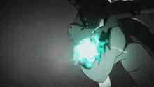 a black and white drawing of a dragon with a blue light coming out of it 's mouth