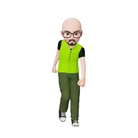 a bald man with glasses and a beard wearing a green vest and green pants