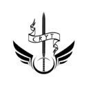 a black and white logo of a sword with wings and a ribbon .