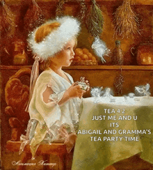 a painting of a little girl sitting at a table