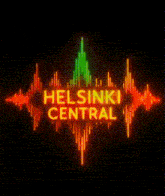 a neon sign that says helsinki central with sound waves behind it