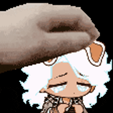 a pixel art drawing of a girl with white hair and a hand on her head