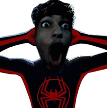 a man in a spider-man suit is making a funny face .