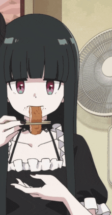 a girl with long black hair and red eyes is eating a piece of food with chopsticks