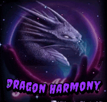 a picture of a dragon with the words dragon harmony on it
