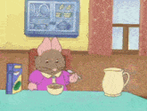 a cartoon mouse is sitting in a chair eating cereal