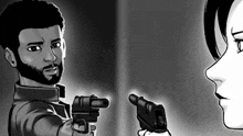 a man is pointing a gun at a woman in a black and white cartoon