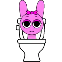 a pink bunny is sitting on a toilet with a pink bow .