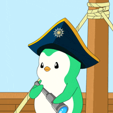 a green and white penguin wearing a pirate hat holds a telescope