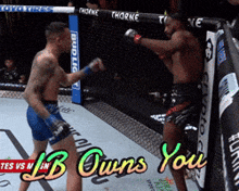 two men are fighting in a boxing ring with the words " lb owns you " on the bottom