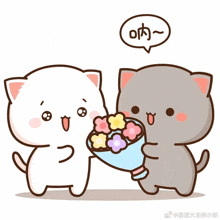 a cartoon of a cat giving flowers to another cat