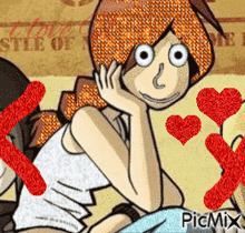 a cartoon of a girl with red hearts around her and the words " i love you " on the bottom