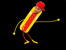 a drawing of a hot dog with arms and legs and a man in a red hat