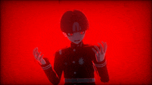 a girl with red eyes is holding her head in a dark room