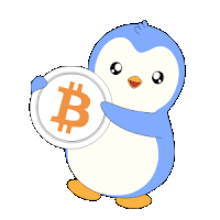 a blue and white penguin is holding a coin with a b on it
