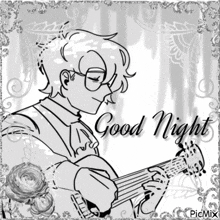 a black and white drawing of a man playing a guitar with the words good night written below him