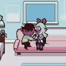 a pixel art drawing of a couple sitting on a pink couch