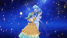a man and a woman are dancing in the night sky
