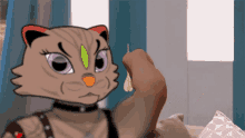 a cartoon cat with purple eyes is holding a feather in her hand
