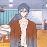 a young man with blue hair is standing in front of a piano