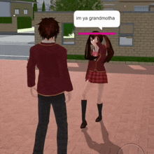 a boy and a girl are standing next to each other and the girl says im ya grandmotha