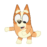 a brown and white cartoon dog is standing with its paw outstretched