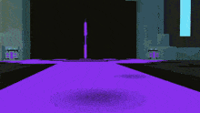 a video game scene with a purple floor and a purple light coming out of the door .