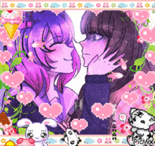 a picture of a girl kissing another girl in a pixel art frame
